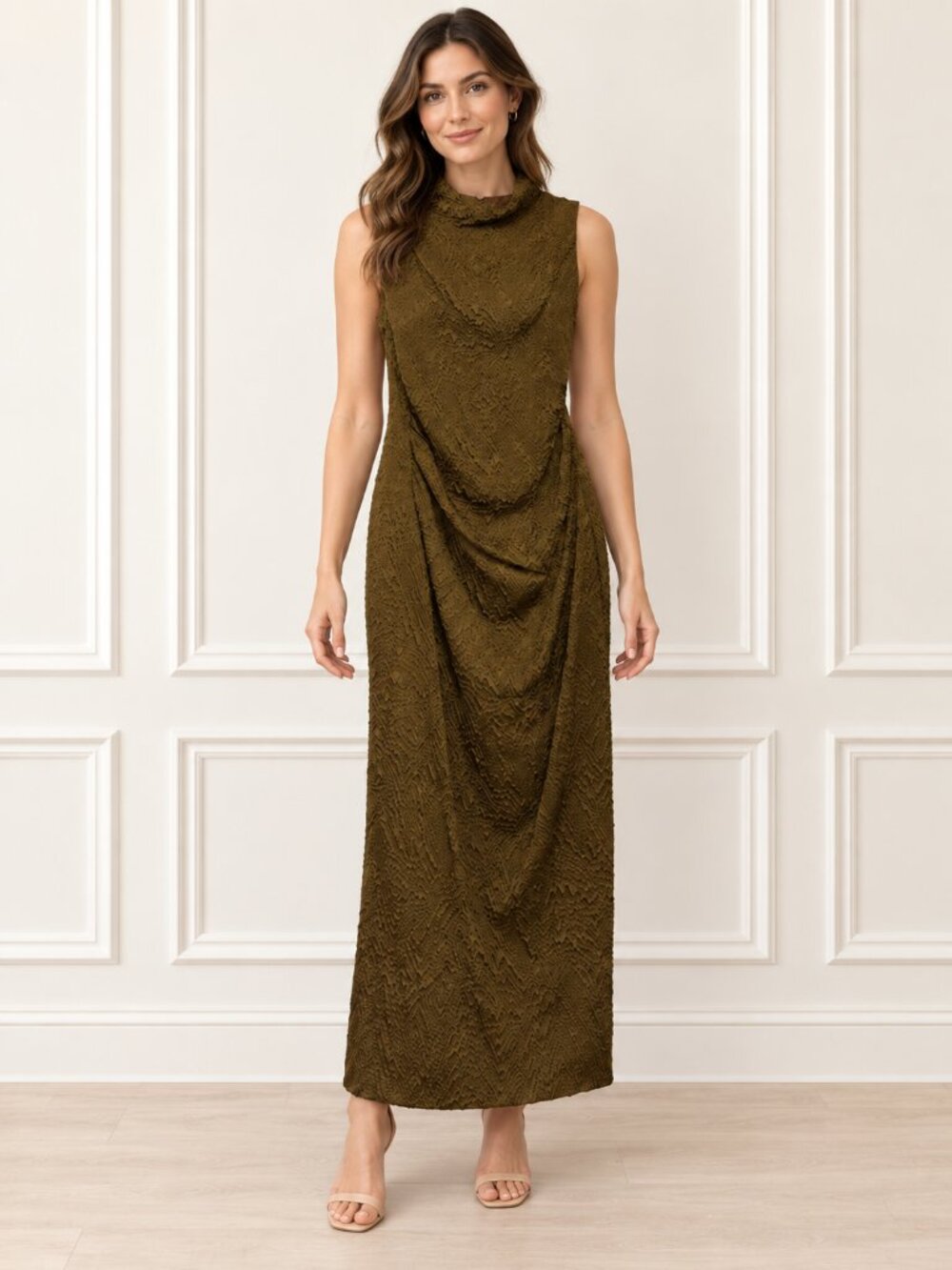 Vince Camuto Size 10 Olive Textured Ruched Maxi Gown